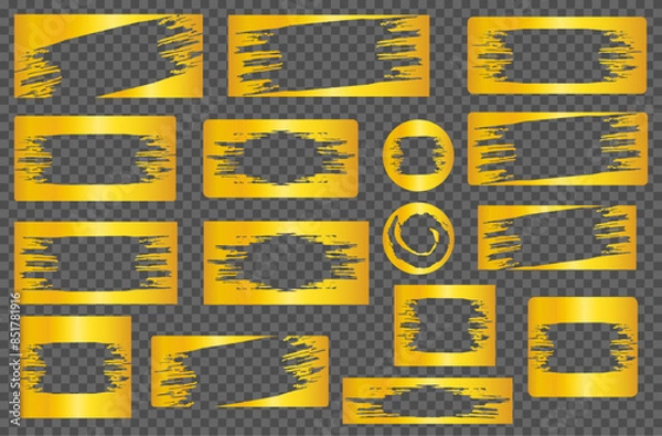 Fototapeta Set of golden empty frames with grunge design for tickets, tags, labels, advertising, on black background, vector.