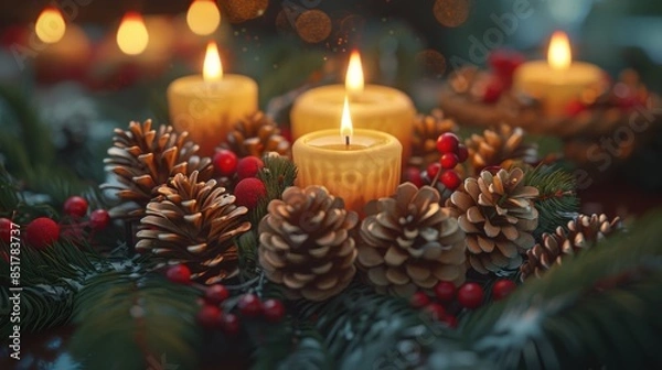 Fototapeta Festive Christmas candle centerpiece with glowing candles, pinecones, and red berries, creating a cozy holiday atmosphere.