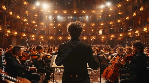 Obraz Back View Cinematic shot of Conductor Directing Symphony Orchestra with Performers Playing Violins, Cello and Trumpet on Classic Theatre with Curtain Stage During Music Concert.