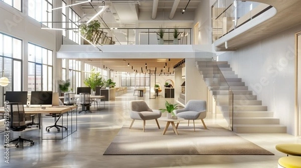 Fototapeta A modern office space with a mezzanine level, comfortable furniture, and plenty of natural light coming in