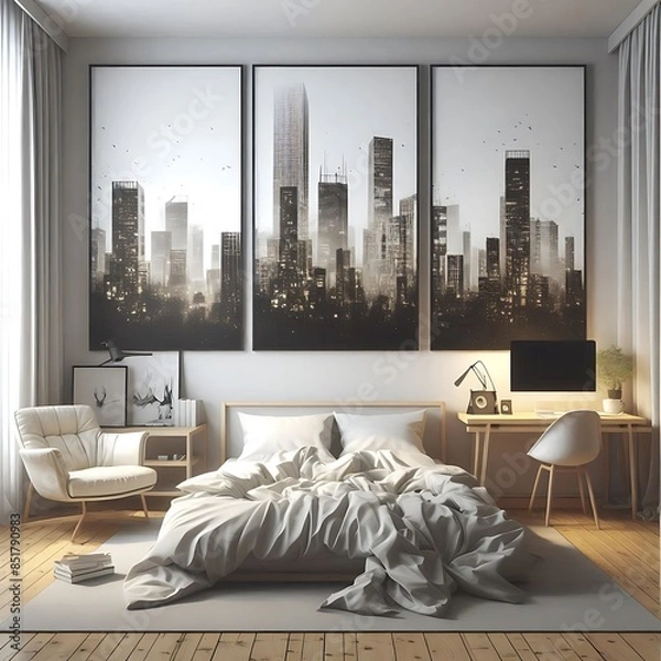 Fototapeta A bed in bedroom style interior set design there is an poster empty white and combine with and A chair and poster mockup and a desk engaging engaging.