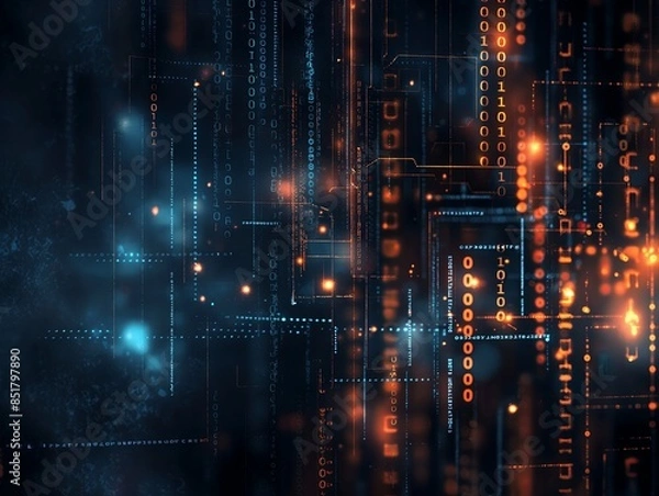 Fototapeta Abstract technology background, dark and futuristic, glowing binary code. Suitable Holidays: Data Privacy Day, National Techies Day