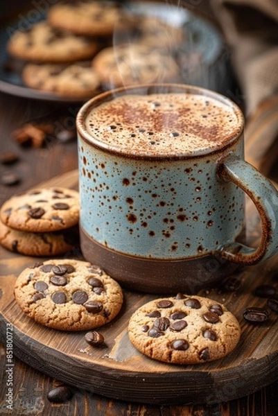 Fototapeta A mug of coffee with steam rising, sitting beside chocolate chip cookies on a rustic wooden board
