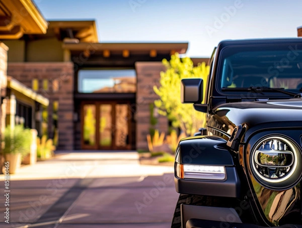 Fototapeta A black 4x4 SUV is parked in front of a modern luxury home in the desert.  Front View.