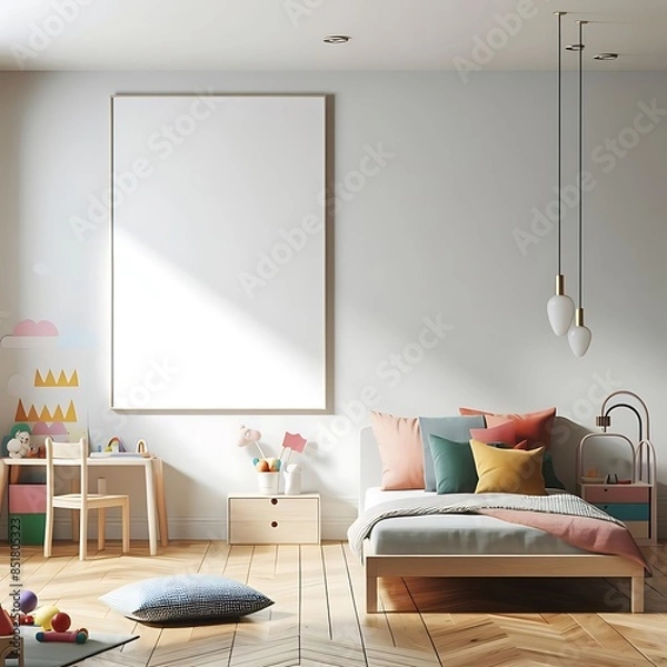 Fototapeta A bed in bedroom style interior set design have mockup poster empty white with and a table unique informative.