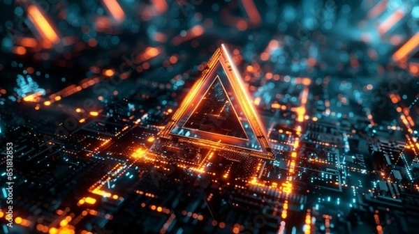 Fototapeta Futuristic glowing circuit board with a blue, orange neon triangle, representing advanced technology innovation in digital design.