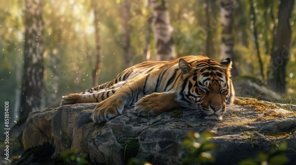 Fototapeta A tiger resting on a rock, basking in the sunlight, with a scenic forest in the background