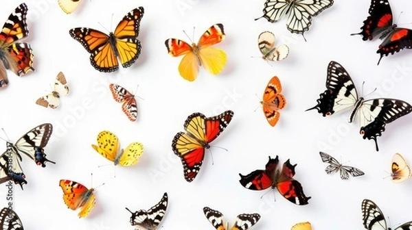 Fototapeta A variety of butterflies in different poses, sitting, flying, and hovering, on a seamless white backdrop