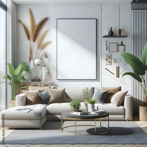 Obraz A living room style interior set design with a mockup poster empty white and with a couch and plants Vibrant optimized unique highquality.