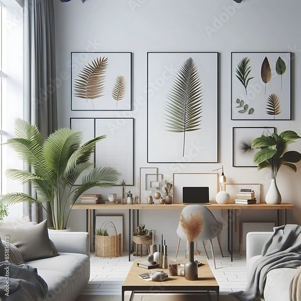 Obraz A living room style interior set design with a mockup poster empty white and with a desk and couches Vibrant optimized.