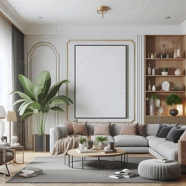 Obraz A living room style interior set design with a mockup poster empty white and with a large couch and a large picture frame decoration Vibrant informative creative Vibrant creative.