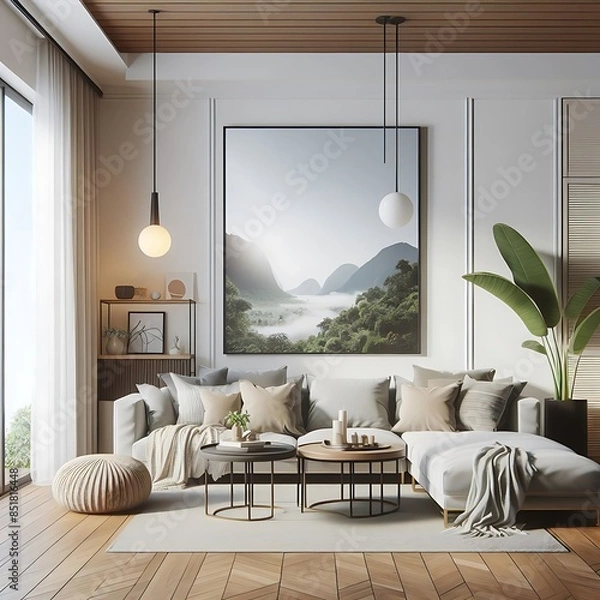 Obraz A living room style interior set design with a mockup poster empty white and with a large painting on the wall Vibrant informative optimized engaging.