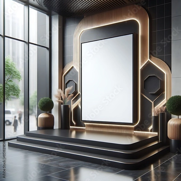 Obraz A room style interior set design with A large rectangular empty white frame and a black and gold wall informative engaging.