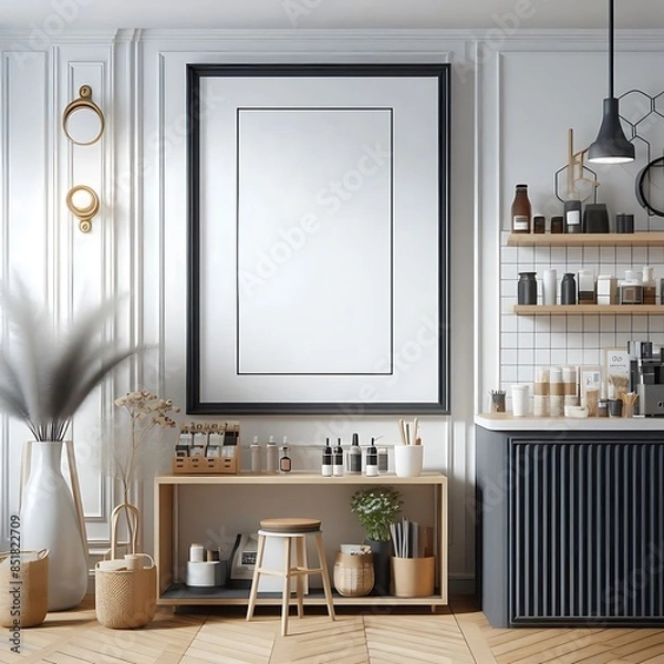 Obraz A room style interior set design with a white wall and a black and white picture frame decoration Vibrant creative Vibrant.