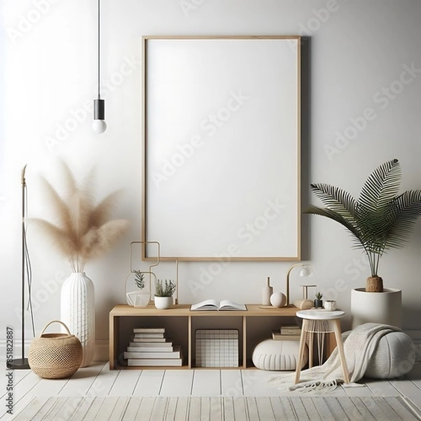 Obraz A room style interior set design with a white wall and a white poster.