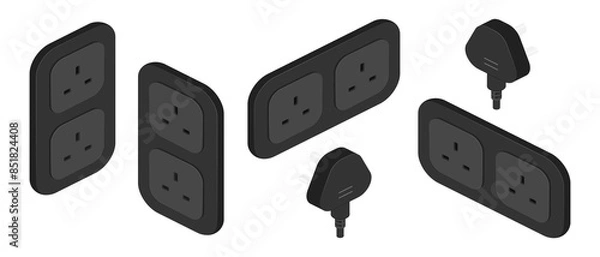 Fototapeta isometric black power outlet socket plug switcher british type g vector flat illustration