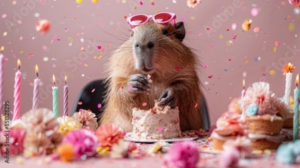 Obraz Capybara wearing pink glasses enjoys a birthday party surrounded by colorful confetti, candles, and flowers. Capybara eating cake.