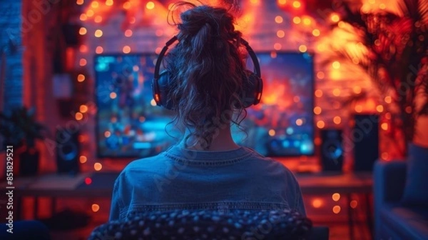 Obraz Girl with headphones sits in front of a glowing computer screen, immersed in a vibrant gaming setup. Neon lights decorate the room, creating an exciting and colorful gaming environment.