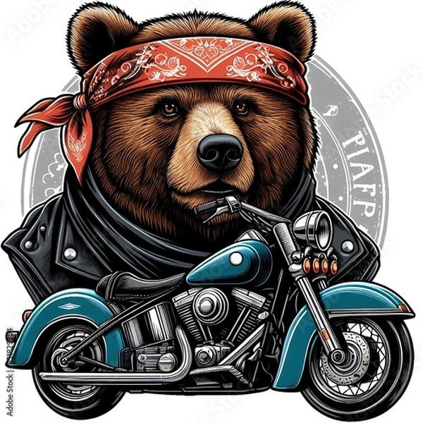 Obraz A bear design colours graphic wearing a bandana and a motorcycle creative.