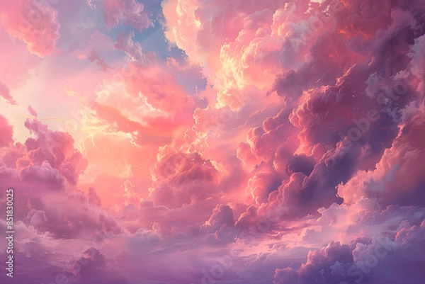 Obraz Clouds aglow with iridescent pink light wander through the sky. Sense of serene detachment from world beneath.