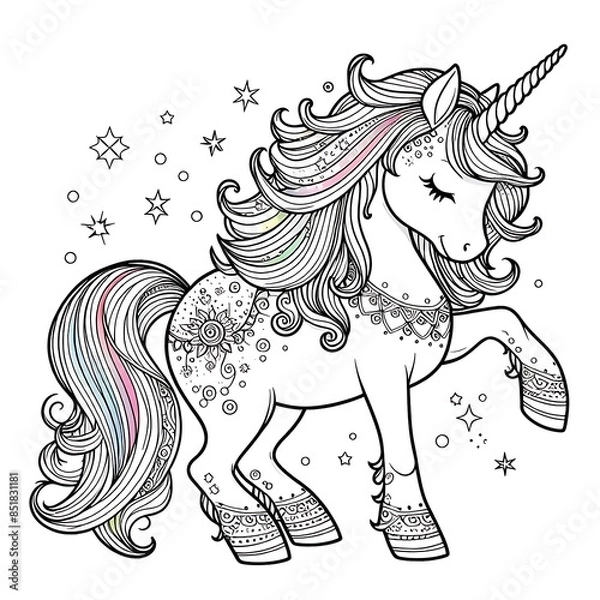 Obraz A black and white drawing of a unicorn coloring page design colours drawing graphic eyecatching creative eyecatching Illustrative.