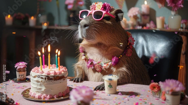 Obraz Capybara wearing sunglasses and a flower garland sits at a table with a birthday cake adorned with lit candles. The festive scene is filled with colorful decorations and a joyful atmosphere