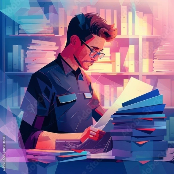 Fototapeta A man looks depressed and tense while sitting at a table littered with stacks of documents.