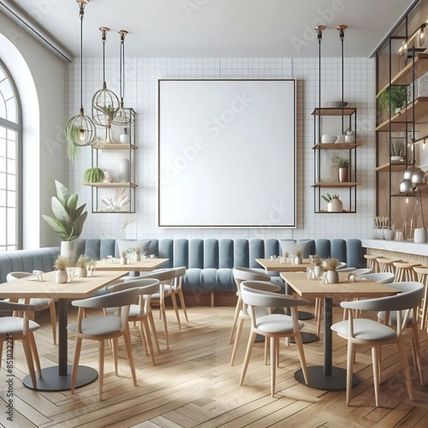 Fototapeta A space for restaurants cafe drinks and fast food room with poster mockup white combined with tables and chairs.