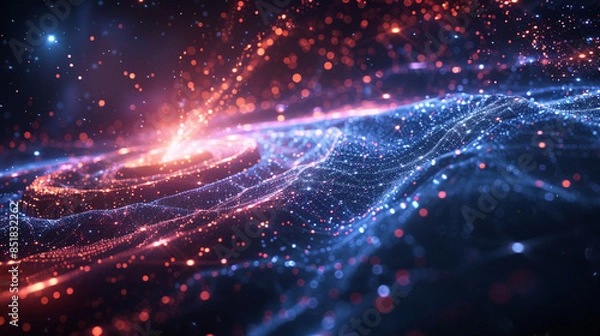 Fototapeta Holographic Universe: Intricate cosmic landscape with galaxies, stars and light network.