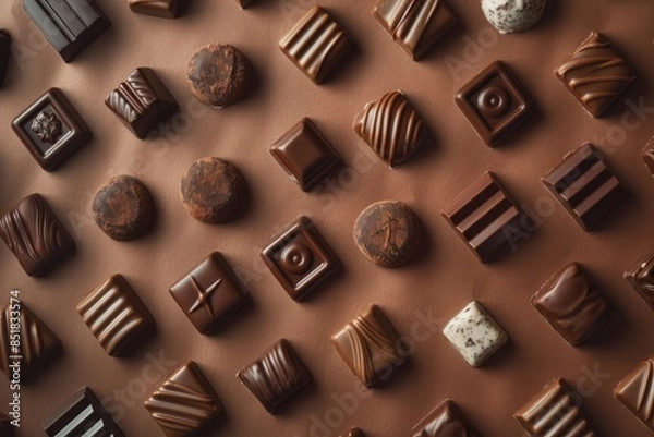 Fototapeta Top view of assorted chocolates with intricate designs and exquisite textures on brown background