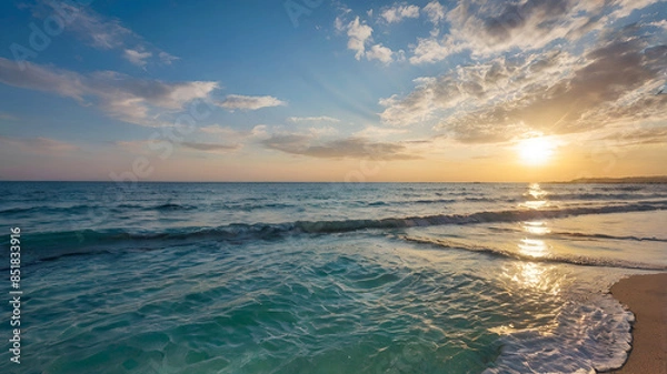 Fototapeta Beautiful beach and sea. Summer seascape beautiful waves, blue sea water in sunny day. Ai generative