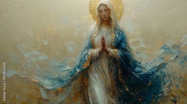 Obraz Serene depiction of the Virgin Mary, adorned in flowing robes with a golden halo, hands clasped in prayer, exuding divine grace and tranquility in a beautifully textured and luminous painting.