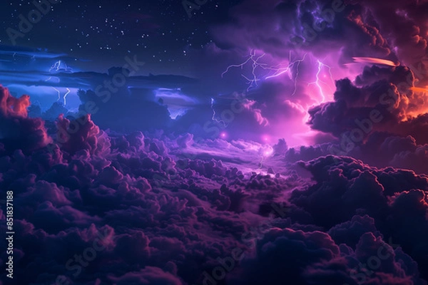 Fototapeta starry night sky with vibrant lightning illuminating dramatic storm clouds, intense and colorful scene, monitor