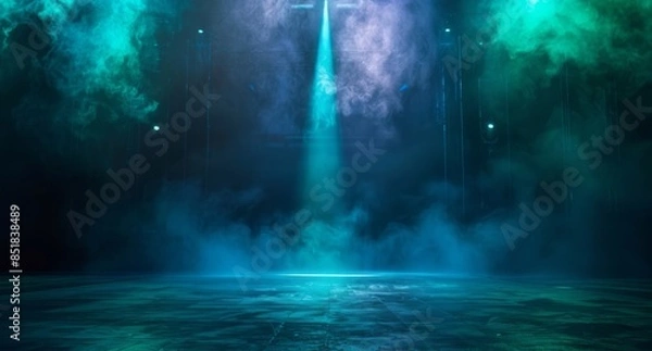 Fototapeta Dark blue background and green, with a glowing light beam shining down on the center of an empty stage