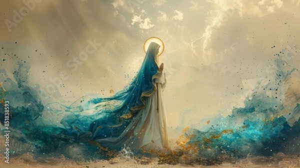 Obraz Virgin Mary stands gracefully with a golden halo, draped in flowing blue and white robes. The luminous background and her serene posture evoke a sense of divine peace and spiritual purity.