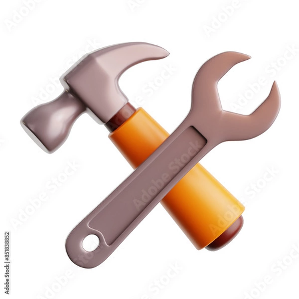 Fototapeta hammer and wrench for work repair workshop and construction project worker man wearing hard hat and safety wear suit for industrial construction mining project 3d icon illustration render design