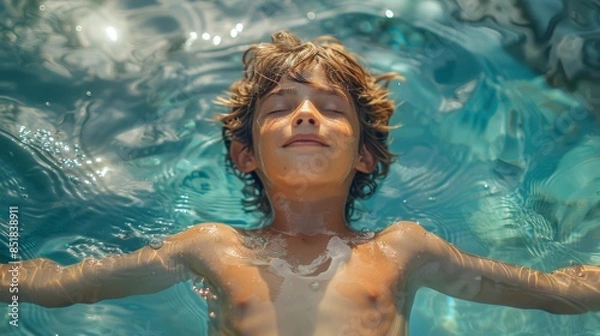 Obraz Young boy floats blissfully on his back in a pool, eyes closed and arms outstretched. The clear blue water reflects sunlight, creating a serene and carefree summer moment of pure relaxation and joy.