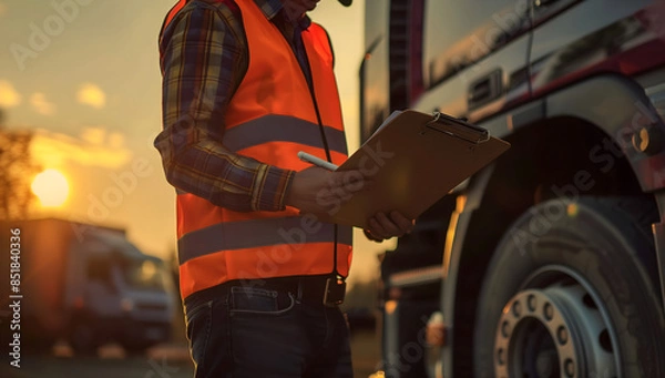 Fototapeta A truck driver in high visibility vest writing on the clipboard while standing next to his lorry, outdoors at sunset
