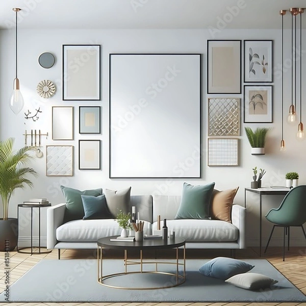 Obraz A living room style interior set design with a mockup poster empty white and with a couch and a coffee table Vibrant informative optimized engaging.
