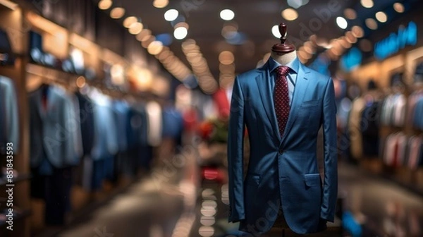 Fototapeta A tailored blue suit on a mannequin in a clothing store under warm lighting, highlighting fashion and retail concepts