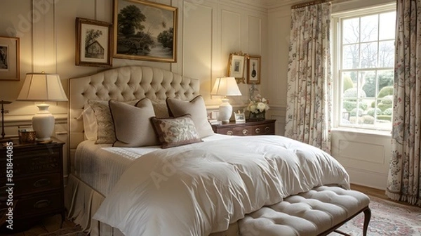 Fototapeta Elegant and cozy bedroom interior with a classic design and natural light streaming through the windows.