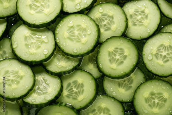 Fototapeta Fresh cucumber slices with water drops