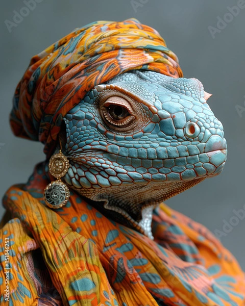 Fototapeta Portrait of an iguana with blue skin dressed as a human in traditional African headwrap, earrings and scarf, anthropomorphism concept