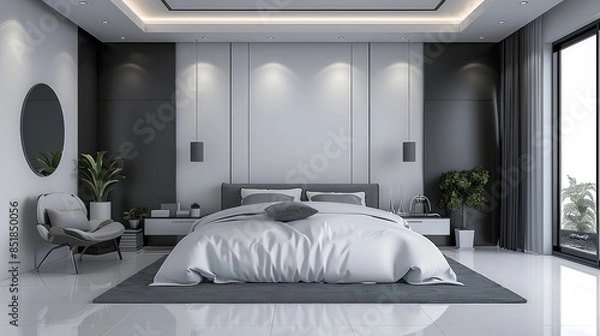 Fototapeta A modern white and black bedroom interior with minimalist furniture and decor, isolated on a transparent background. Generative AI.