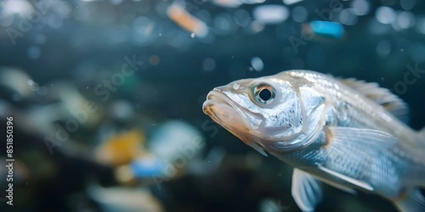 Fototapeta Fish contaminated with microplastics in a dark marine environment filled with plastic pollution. Concept Marine pollution, Microplastic contamination, Ocean ecosystem degradation
