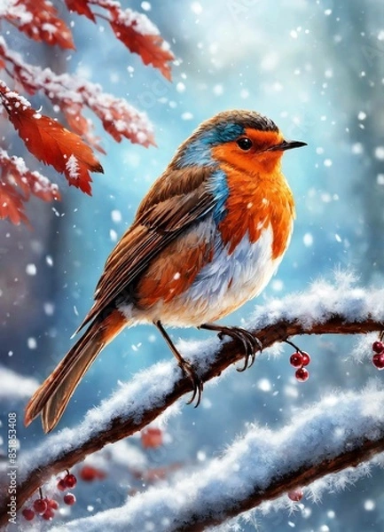 Fototapeta robin on snow, generative Ai 