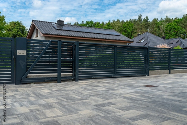 Obraz A modern panel fence in anthracite color, visible sliding gate to the garage and a slab driveway.