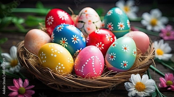 Obraz colorful easter eggs in basket . With copy space