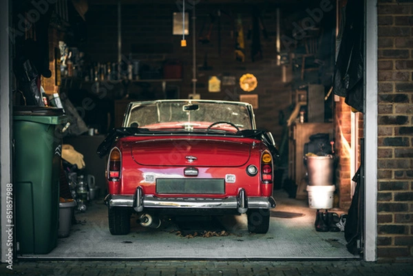Fototapeta Little red classic Austin Healy parked up in a tight garage in evening sunlight.