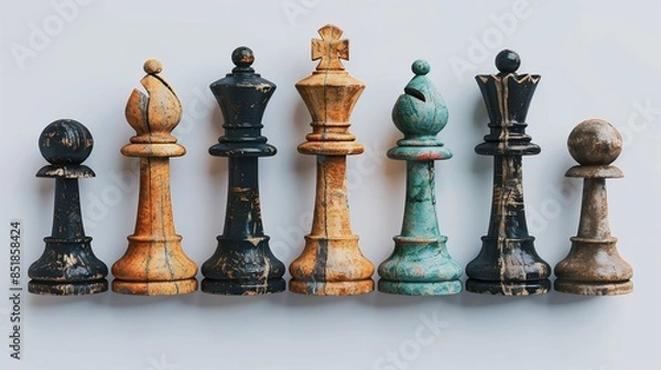 Fototapeta A set of vintage chess pieces, featuring a worn and weathered look, displayed against a light background.
